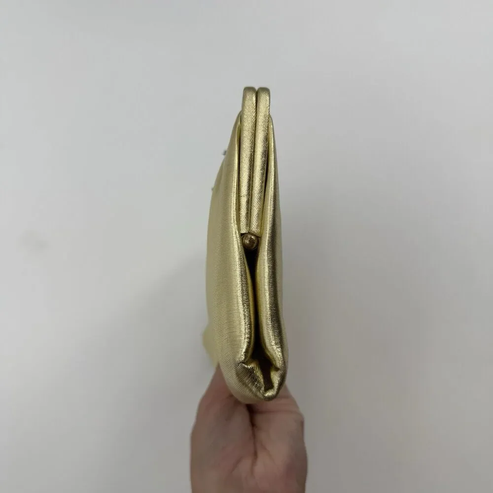 Vintage Unbranded Gold Metallic Shiny Clutch Bag Evening Formal Buckle Satin
